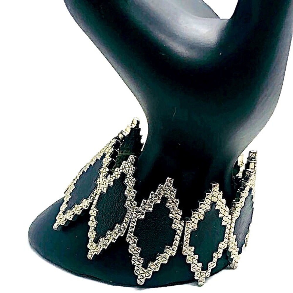 Faux Black Leather Stretch Silver Tone Bracelet - Picture 1 of 3